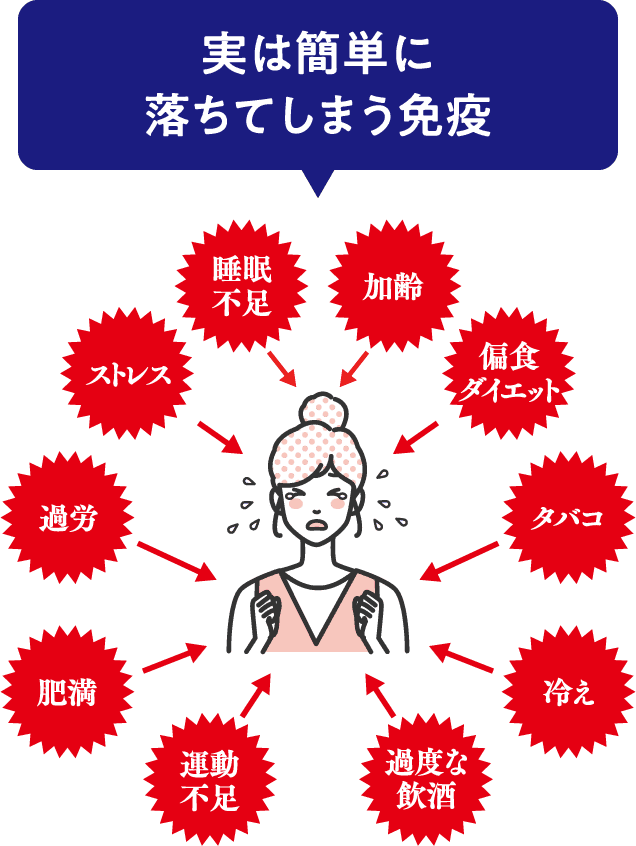 実は簡単に落ちてしまう免疫　運動不足／肥満／過労／ストレス／睡眠不足／加齢／偏食ダイエット／タバコ／冷え／過剰な飲酒